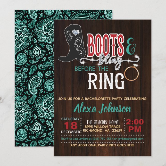 Boots & Bling Before the Ring Invitation - Turq (Front/Back)