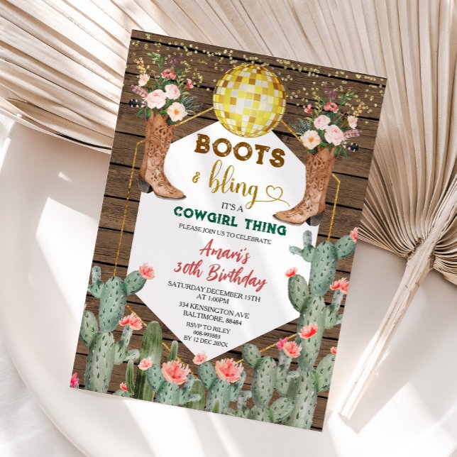 Boots & Bling Cowgirl Thing Cactus 30th Birthday Invitation (Creator Uploaded)