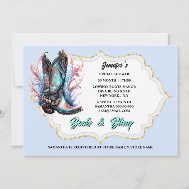 Boots bling shiny cowgirl boots fantasy feathers  invitation (Front)