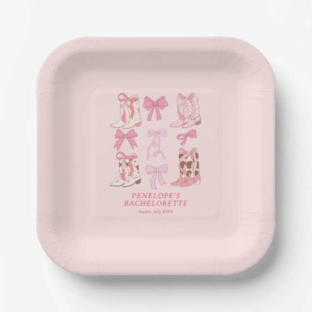 Boots & Bows Pink Cowgirl Bachelorette Party  Paper Plate (Front)
