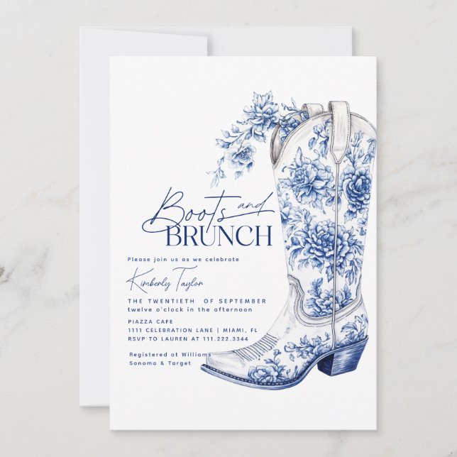 Boots & Brunch Blue Chinoiserie Bridal Shower Invitation (Front)