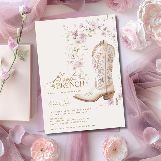 Boots & Brunch Pink Floral Flowers Bridal Shower Invitation (Creator Uploaded)