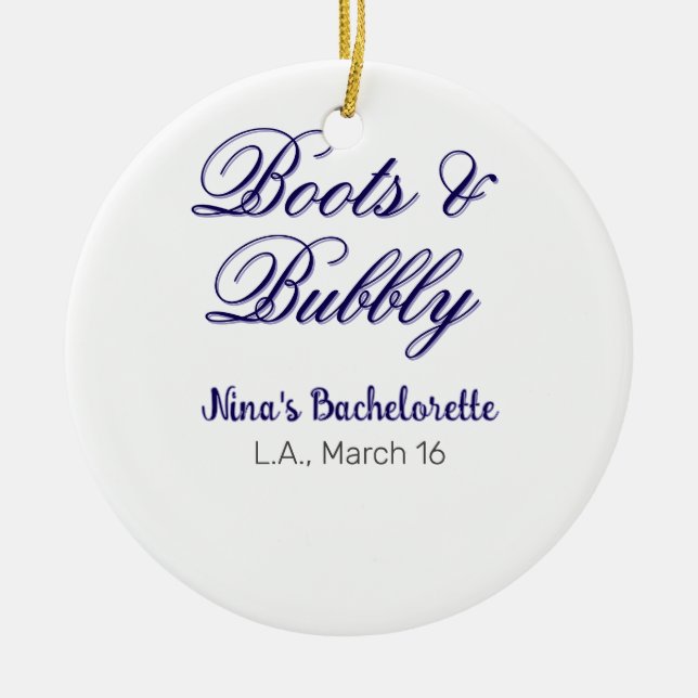 Boots & Bubble bachelorette party name purpleplace Ceramic Tree Decoration (Front)