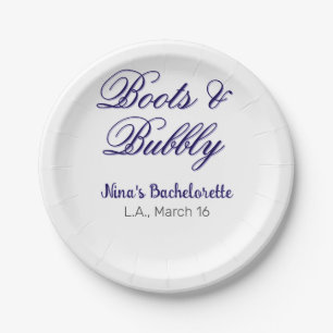 Boots & Bubble bachelorette party name purpleplace Paper Plate