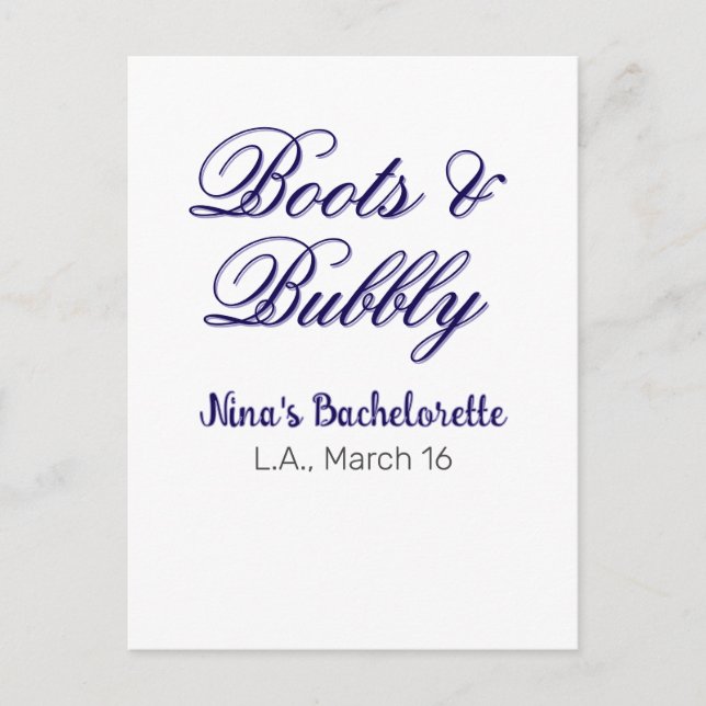 Boots & Bubble bachelorette party name purpleplace Postcard (Front)