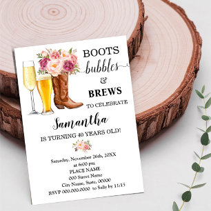 Boots Bubbles & Brews Pink Flowers Adults Birthday Invitation
