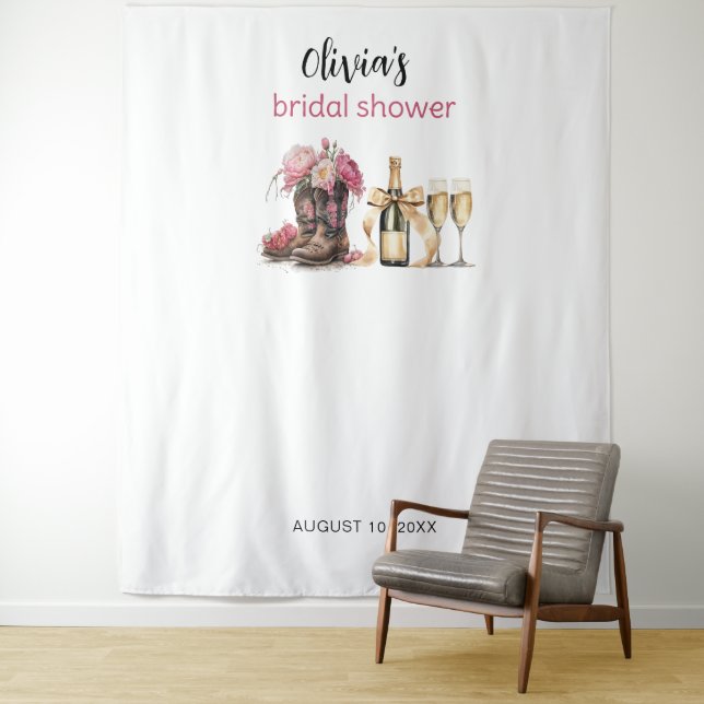 Boots Bubbles Bridal Shower Backdrop Photo booth Tapestry (In Situ)