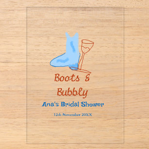 Boots & bubbly champagne bottle bridal shower blue acrylic invitations