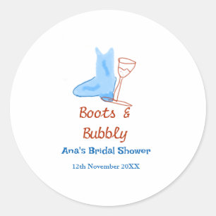 Boots & bubbly champagne bottle bridal shower blue classic round sticker