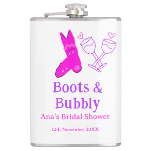 Boots & bubbly champagne bottle bridal shower pink hip flask