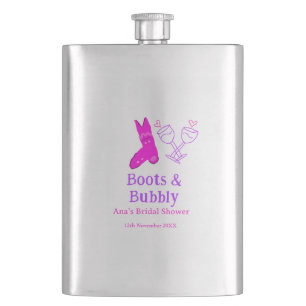 Boots & bubbly champagne bottle bridal shower pink hip flask