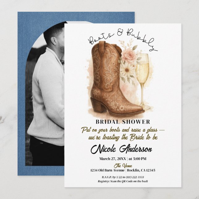 Boots & Bubbly Country Western Boot Bridal Shower  Invitation (Front/Back)