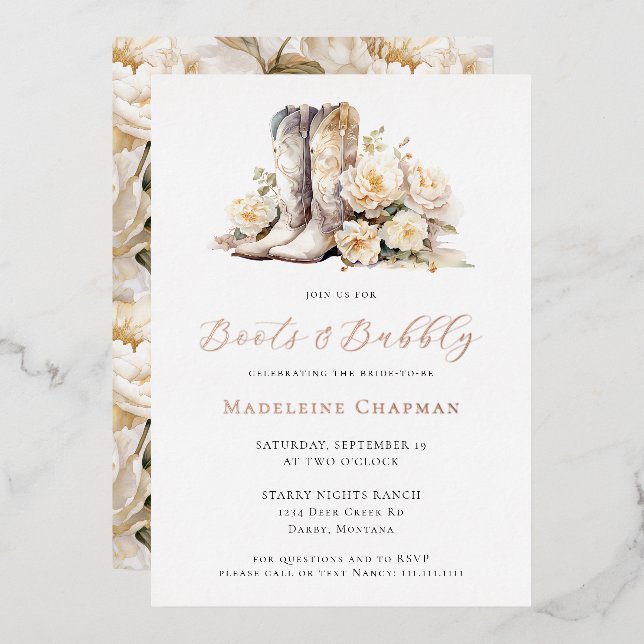 Boots & Bubbly Elegant Floral Bridal Shower Gold (Front/Back)