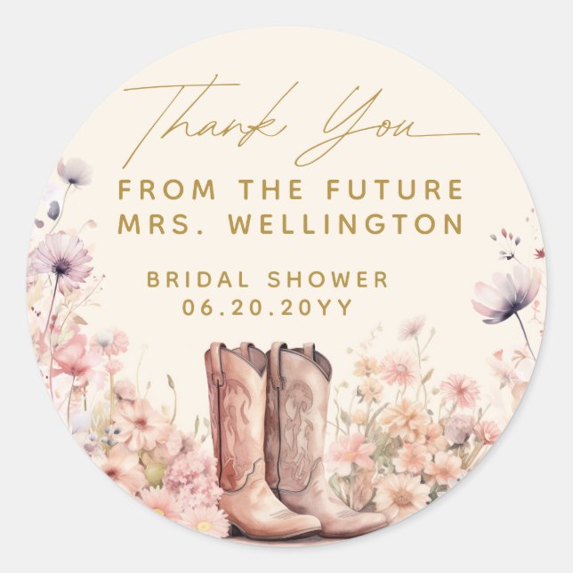 Boots & Bubbly Floral Cowgirl Bridal Shower Classic Round Sticker (Front)