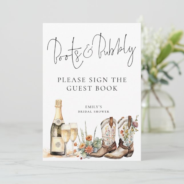 Boots Bubbly Guest Book Bridal Shower Sign Card (Standing Front)
