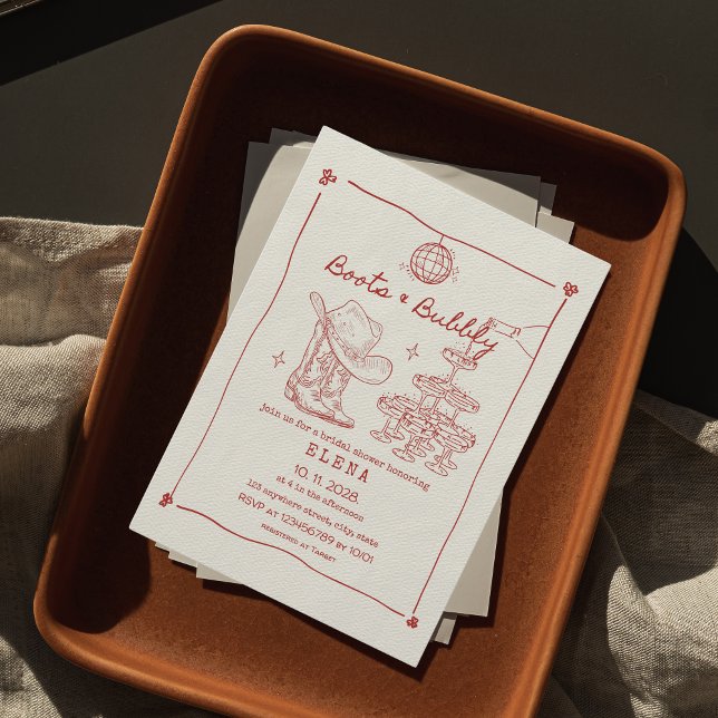 Boots & Bubbly Hand Drawn Red Bridal Shower  Invitation (boots & bubbly bridal shower invitation last rodeo hand drawn red )