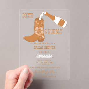 Boots Bubbly Rustic Western Country Bridal Shower Acrylic Invitations