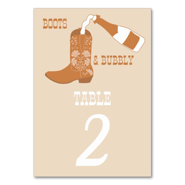 Boots Bubbly Rustic Western Country Bridal Shower Table Number (Front)