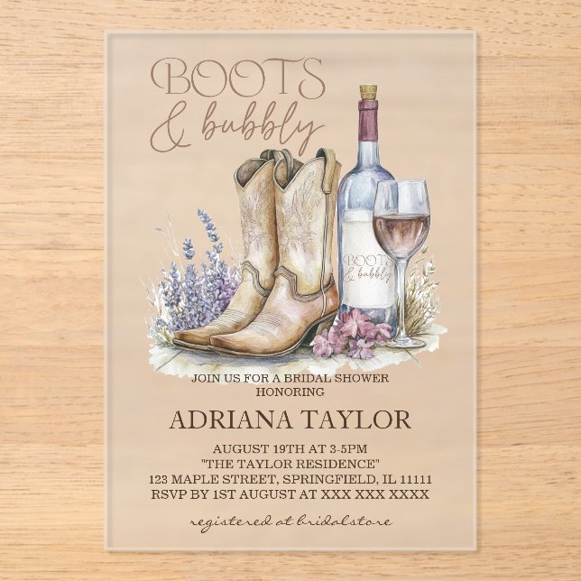 Boots & Bubbly Western Bridal Shower Acrylic Invitations (Front)