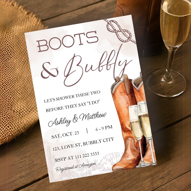 Boots & Bubbly Western Couple Coed Bridal Shower Invitation (Boots Bubbly Western Couple Coed Bridal Shower Invitation)