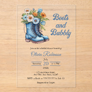 Boots & Bubbly Western Cowgirl Blue Bridal Shower  Acrylic Invitations