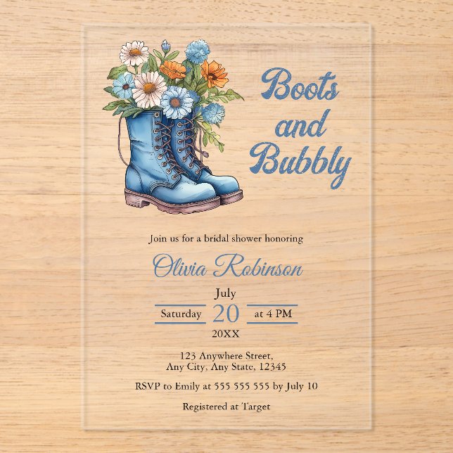 Boots & Bubbly Western Cowgirl Blue Bridal Shower  Acrylic Invitations (Front)