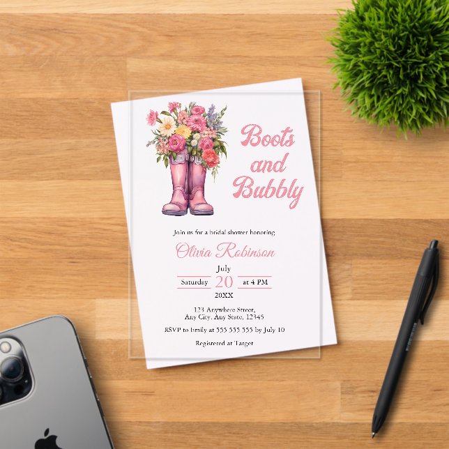 Boots & Bubbly Western Cowgirl Pink Bridal Shower  Acrylic Invitations (Insitu (Invitation Card))