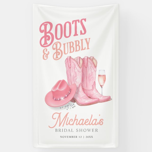 Boots & Bubbly Western Cowgirl Pink Bridal Shower Banner (Vertical)