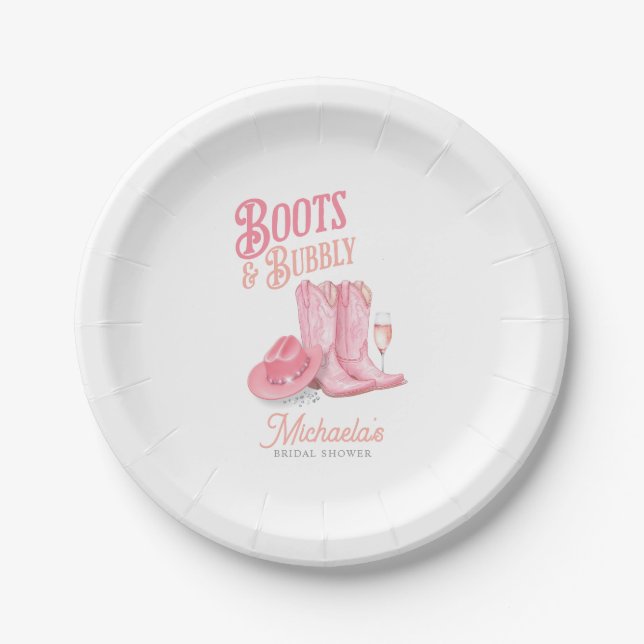 Boots & Bubbly Western Cowgirl Pink Bridal Shower Paper Plate (Front)
