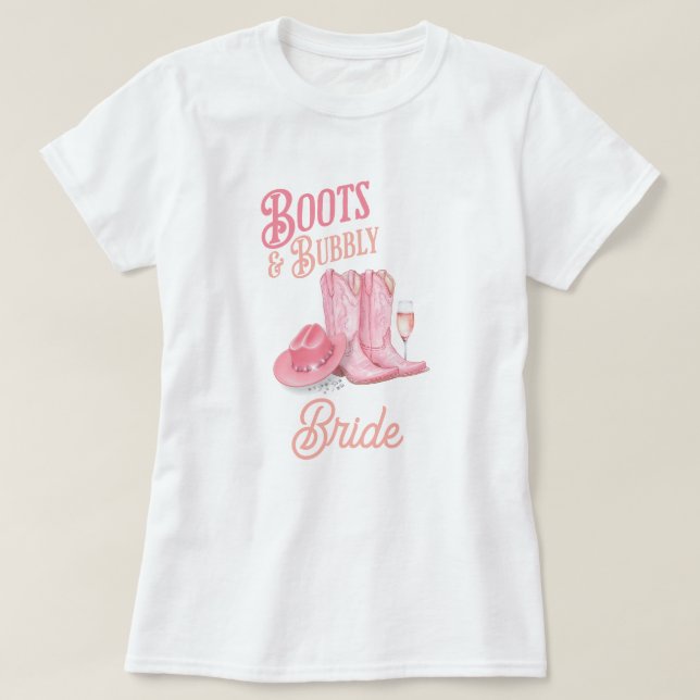 Boots & Bubbly Western Cowgirl Pink Bridal Shower T-Shirt (Design Front)