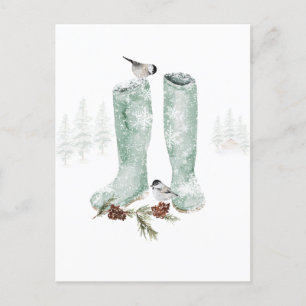 Boots & Chickadees Snowing Winter Woodland Scene Postcard