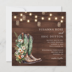 Boots Cowgirl Cowboy String Lights Floral Wedding Invitation