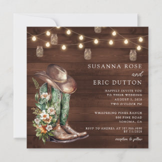 Boots Cowgirl Cowboy String Lights Floral Wedding Invitation
