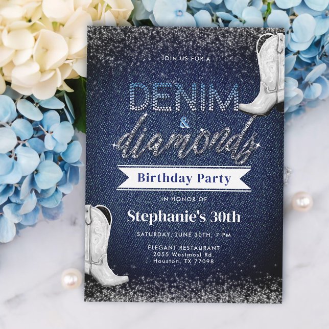 Boots Denim Diamonds Blue Jeans Chic 30th Birthday Invitation (denim and diamonds birthday invitation cowgirl boots white blue elegant classy modern 30th)