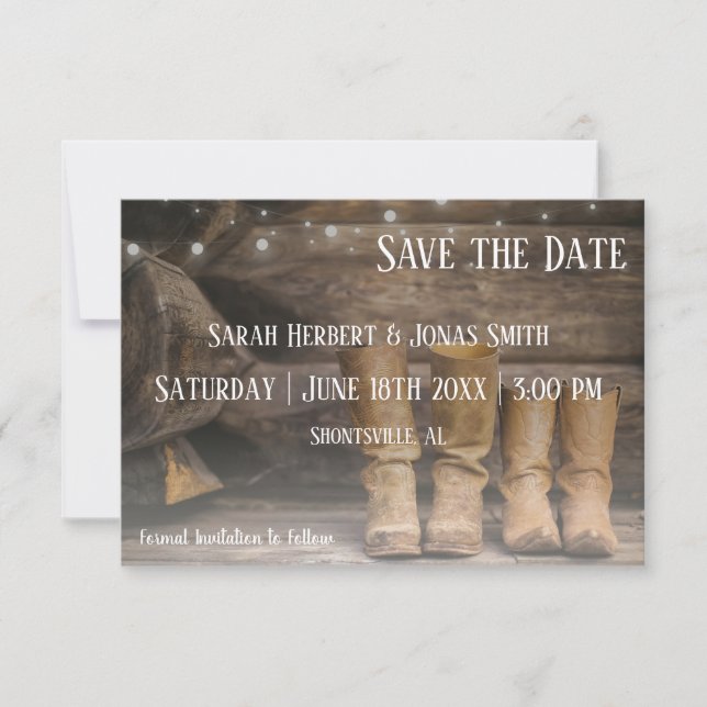 Boots for Two Wedding Save the Date Card (Front)