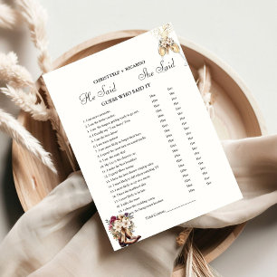 Boots  He said she said Bridal shower game card