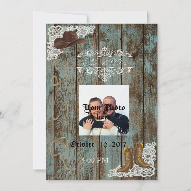 Boots & Lace Distressed Wood Save The Date (Front)
