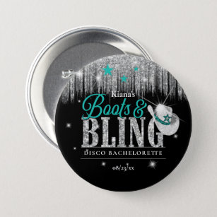 Boots 'n Bling Disco Bachelorette Teal ID925 7.5 Cm Round Badge