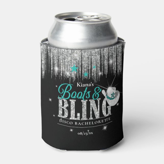 Boots 'n Bling Disco Bachelorette Teal ID925 Can Cooler (Can Front)