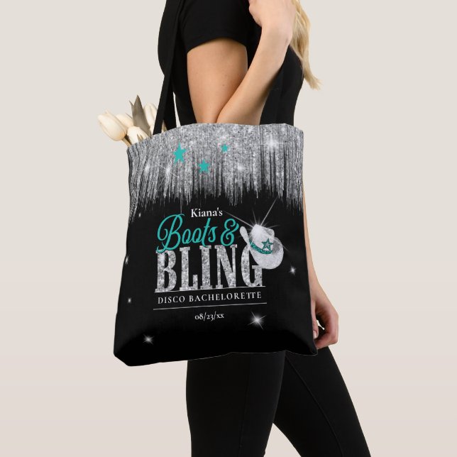 Boots 'n Bling Disco Bachelorette Teal ID925 Tote Bag (Close Up)