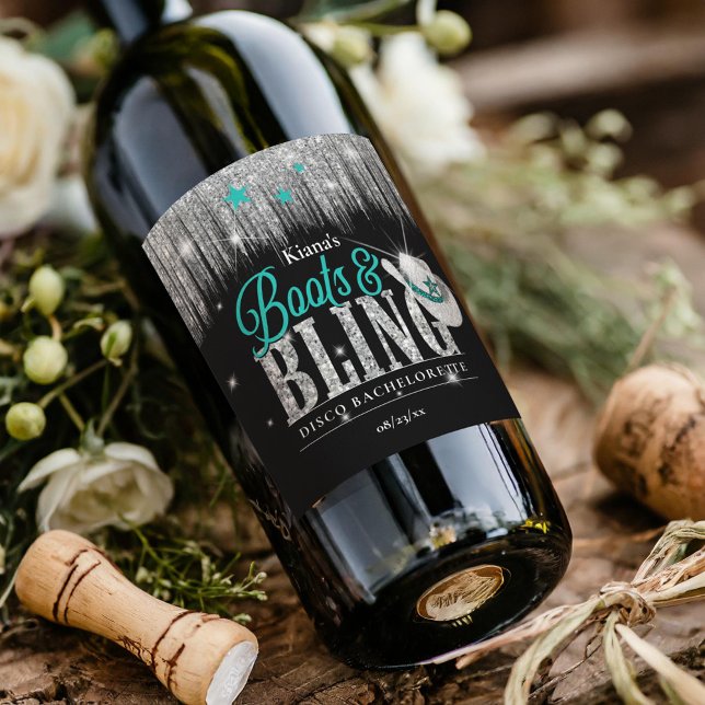 Boots 'n Bling Disco Bachelorette Teal ID925 Wine Label (Creator Uploaded)