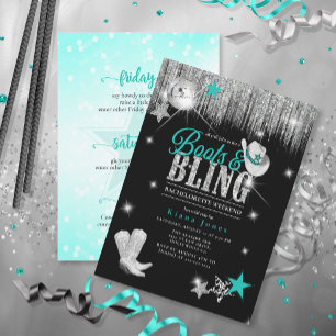 Boots 'n Bling Disco Bachelorette Wkend Teal ID925 Invitation