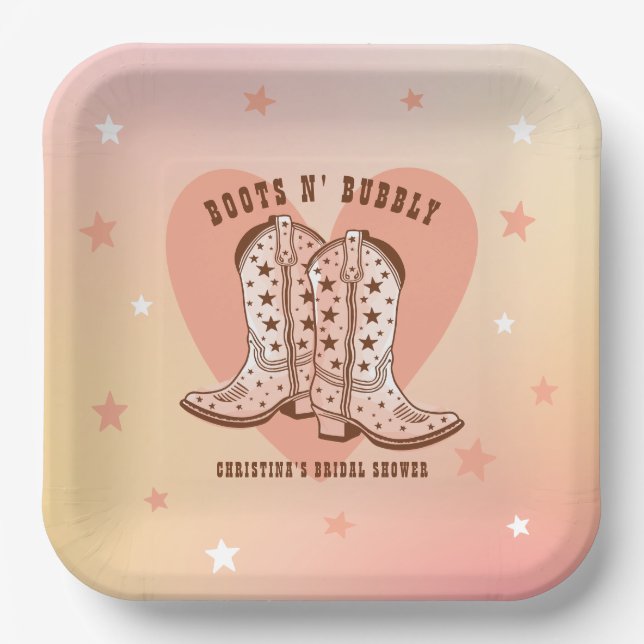 Boots N' Bubbly Cowboy Boots Heart Bridal Shower Paper Plate (Front)