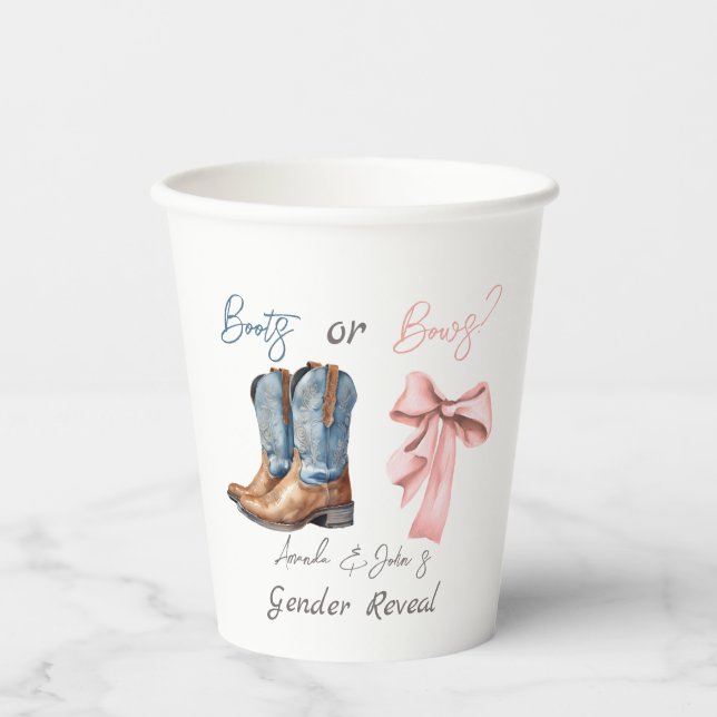 Boots or Bows Blue Pink Gender Reveal Party Paper Cups (Front)