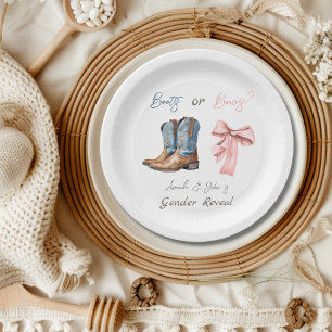 Boots or Bows Blue Pink Gender Reveal Party Paper Plate