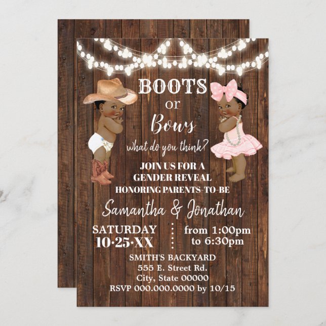 Boots or Bows Country AA Baby Gender Reveal Invitation (Front/Back)