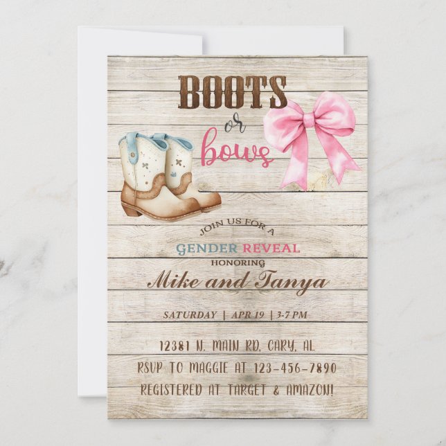 Boots or Bows gender reveal invitation, invite. Invitation (Front)