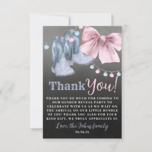 Boots or bows gender reveal Thank you Card.