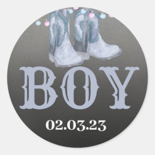 Boots or bows round sticker for Gender Reveal.