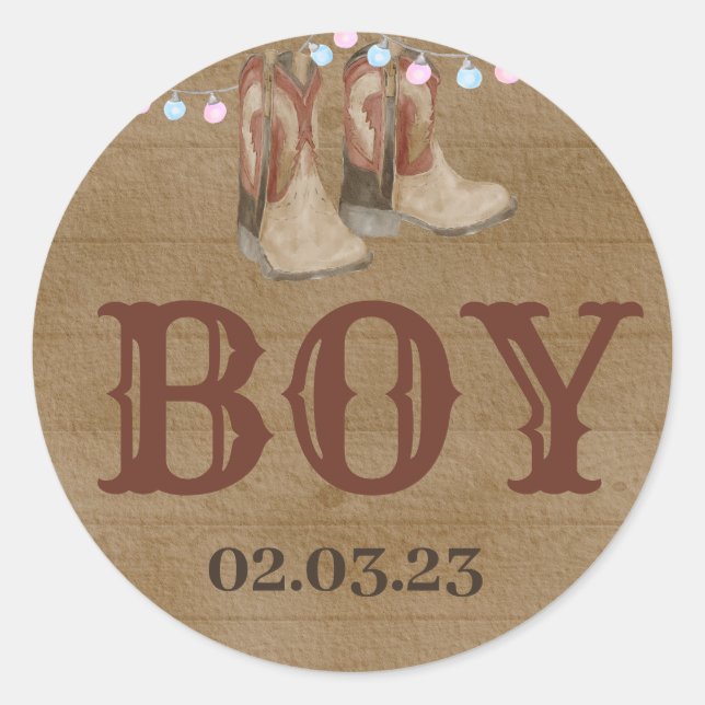 Boots or bows round sticker for Gender Reveal. (Front)